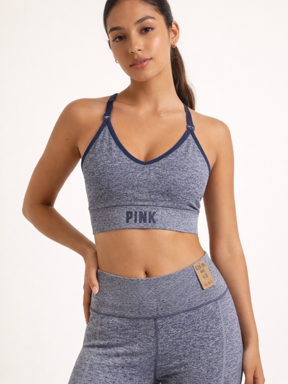 Active USA Heathered Navy & Navy Trim Seamless Sports Bra